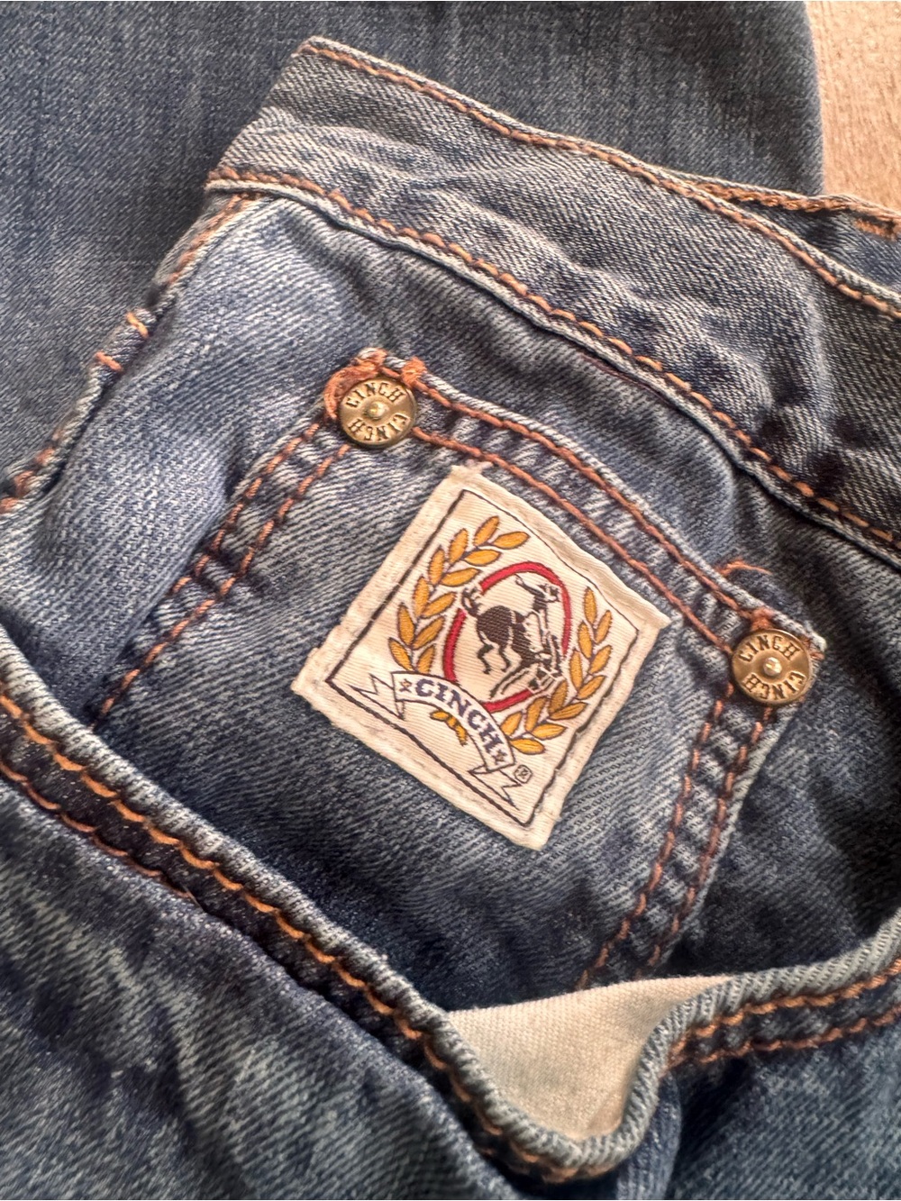 Cinch Men's Light Blue Denim Jeans with Tan Stitching
